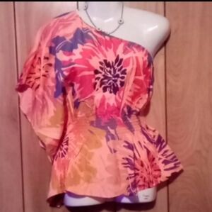 Misope One-Shoulder Floral Peplum Smocked Waist Top in Coral, Pink & Purple